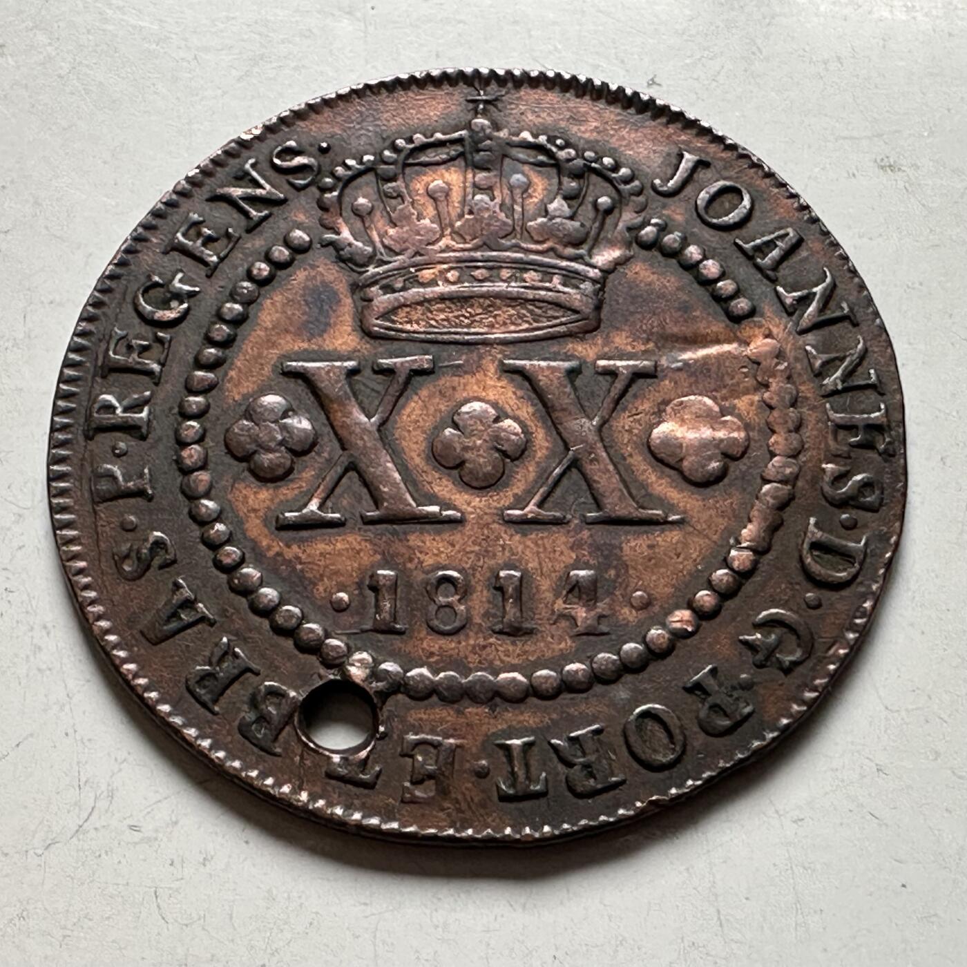 🌹外币初藏🌹🐯2026年第24场  每周二四六晚8️⃣点 接代拍 葡属巴西1814年若昂六世20瑞斯铜币，30mm环球纹章 美品