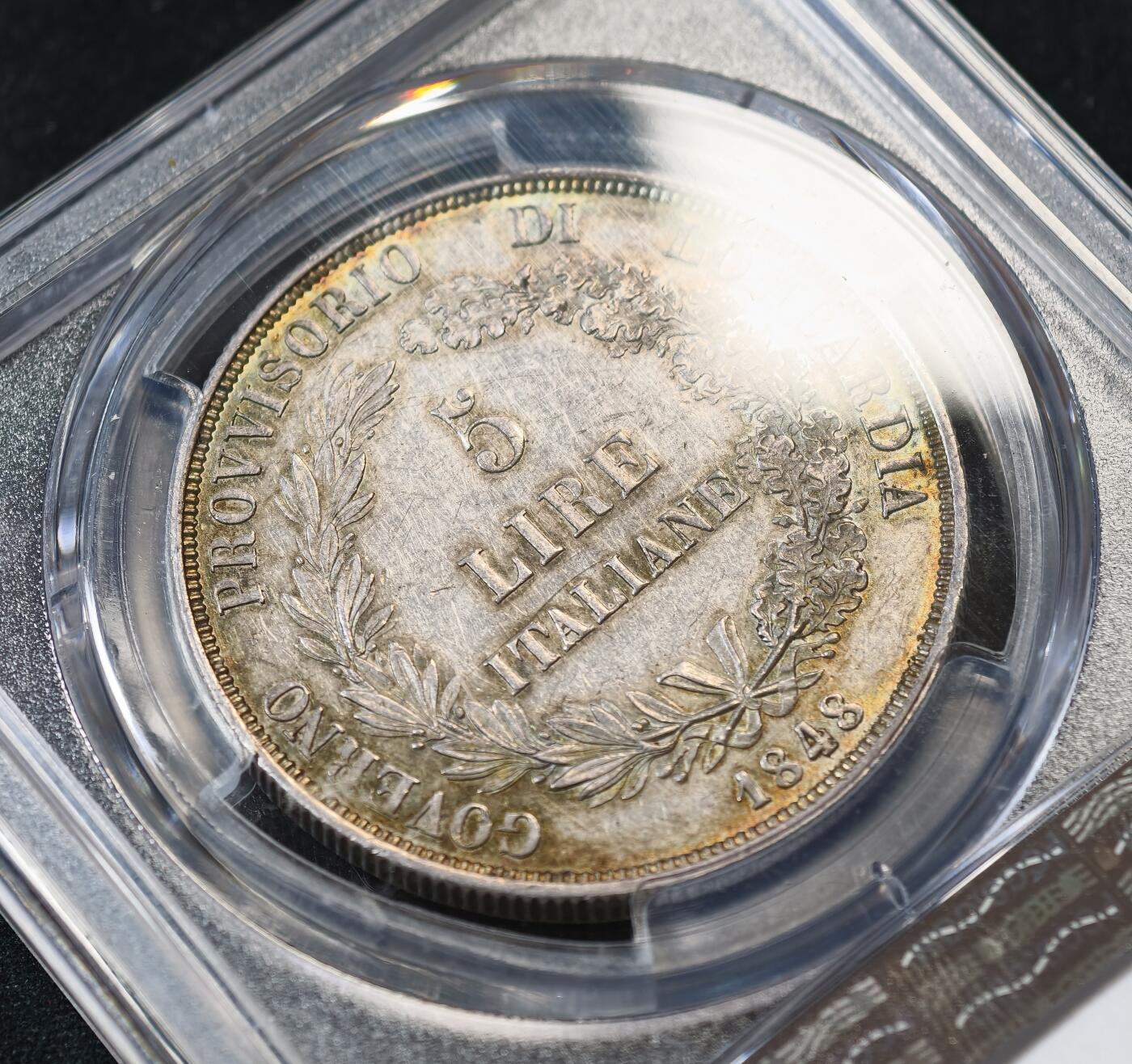 甄臻铺-世界币章拍卖（第53期），甄品场拍品征集中，送拍享返佣金等优惠多多 PCGS-AU58 1848年意大利伦巴第革命政府5里拉大银，正反面淡金色包浆，格外养眼