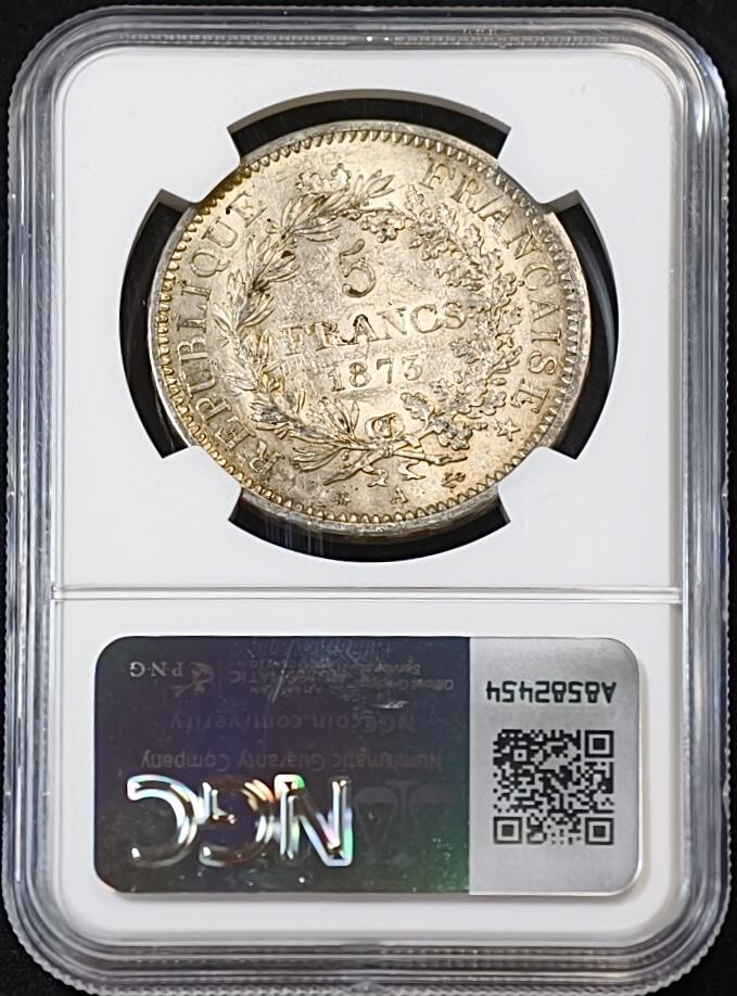 甄臻铺-世界币章拍卖（第53期），甄品场拍品征集中，送拍享返佣金等优惠多多 NGC-MS61 法国1873A 5法郎大力神银币