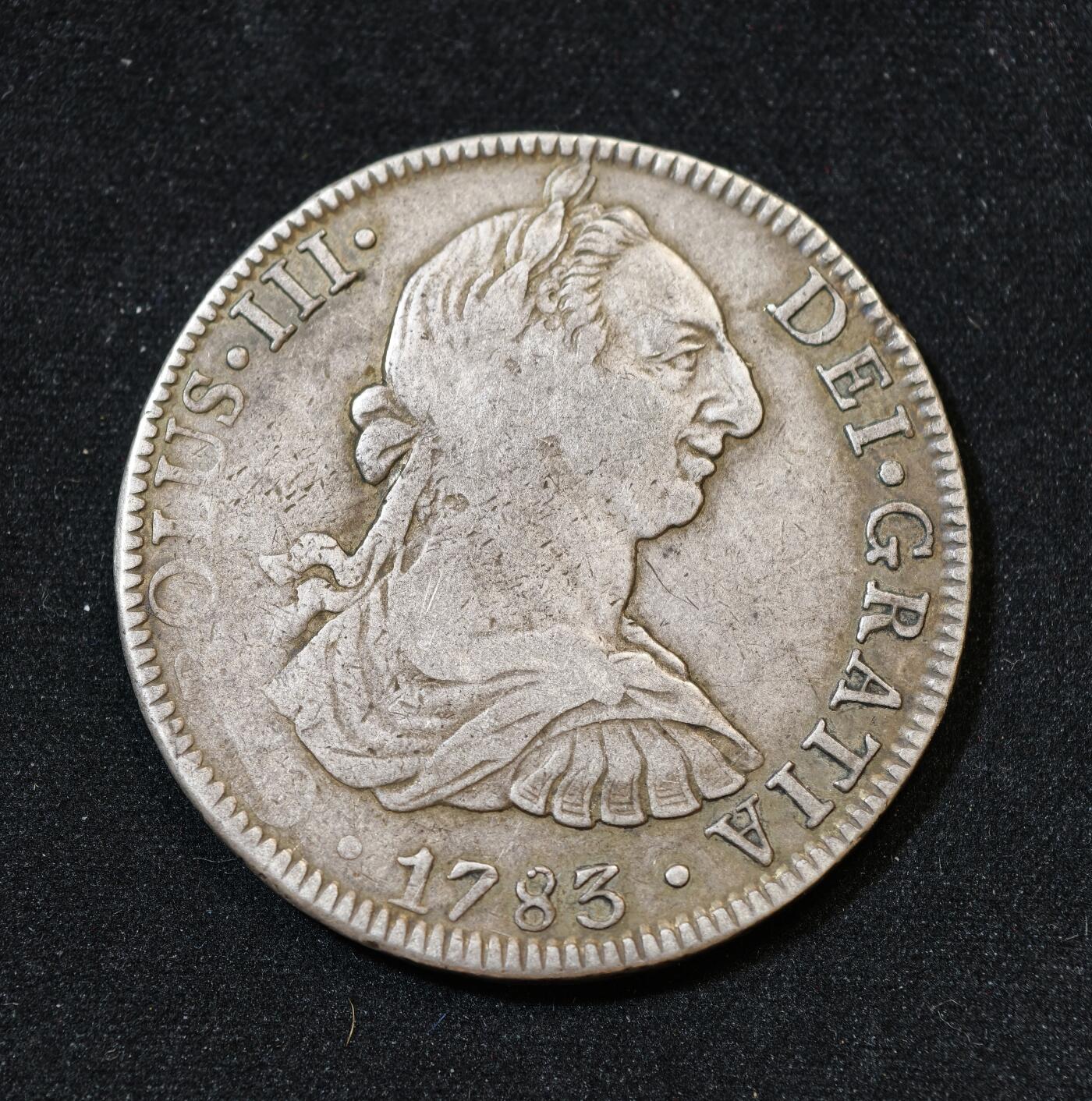 甄臻铺-世界币章拍卖（第53期），甄品场拍品征集中，送拍享返佣金等优惠多多 1783年 西属墨西哥 双柱卡洛斯三世FF 8里亚尔 大银币 27.07g 含银量90.3% 原味老包浆，细节见图