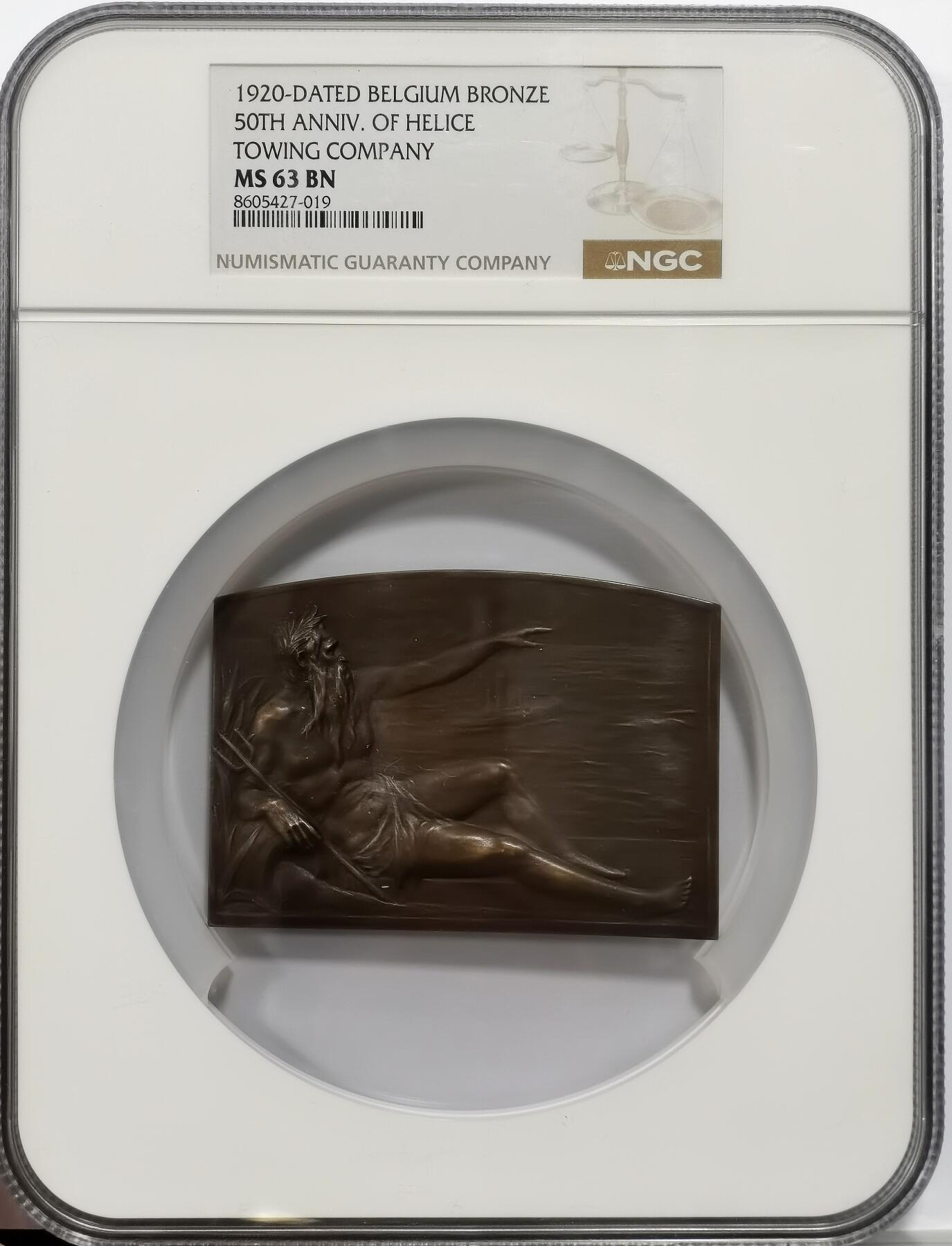博洋堂世界钱币拍卖第163期（全场包邮） NGC MS63BN 比利时1920年Helice拖船公司成立50周年纪念大铜章