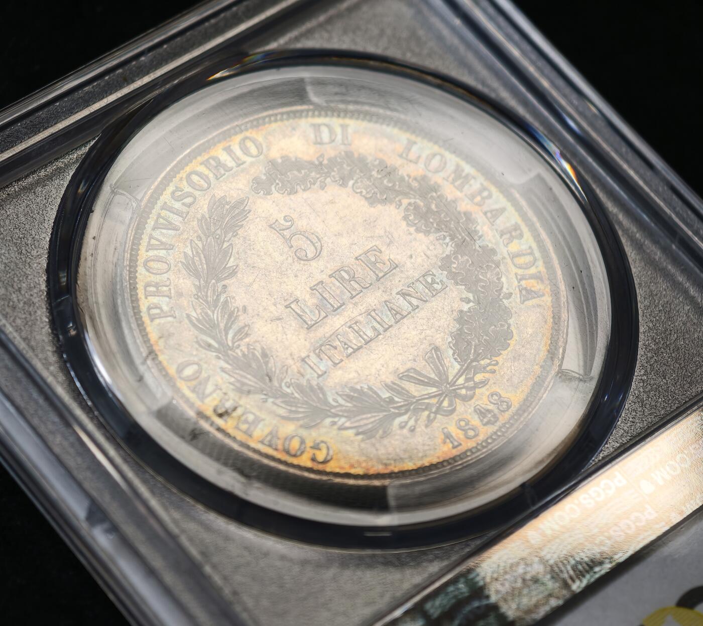 甄臻铺-世界币章拍卖（第53期），甄品场拍品征集中，送拍享返佣金等优惠多多 PCGS-AU58 1848年意大利伦巴第革命政府5里拉大银，正反面淡金色包浆，格外养眼