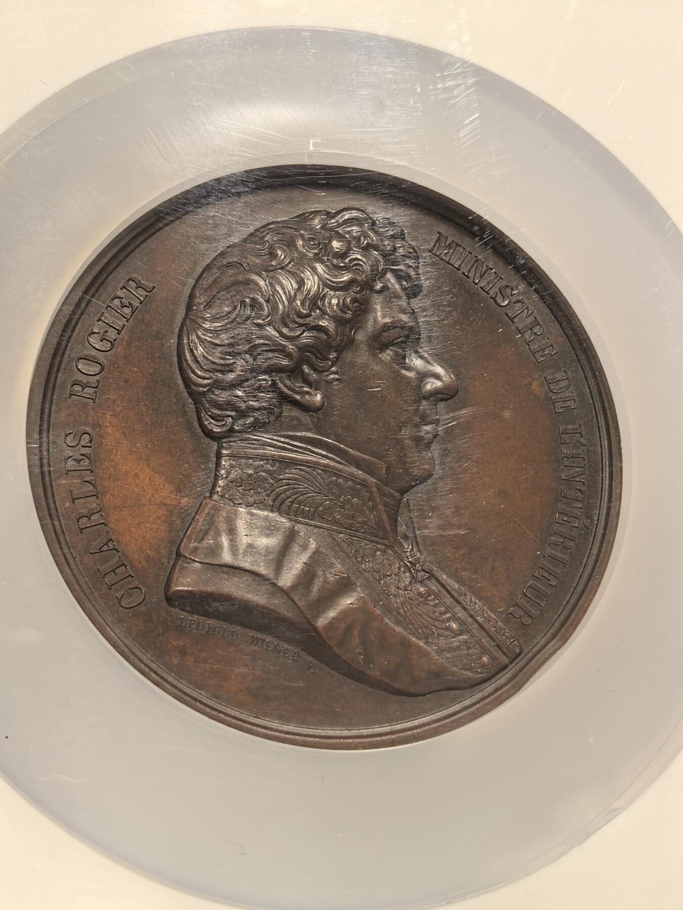 博洋堂世界钱币拍卖第163期（全场包邮） NGC MS62BN 比利时1852年查尔斯·罗吉尔纪念大铜章，查尔斯·罗吉尔（Charles Rogier）是比利时19世纪的重要政治家，曾两度担任比利时首相