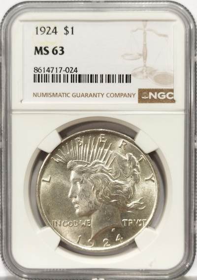 博洋堂世界钱币拍卖第163期（全场包邮） - NGC MS63 美国1924年和平银币，极美车轮光好品，状态不输64。