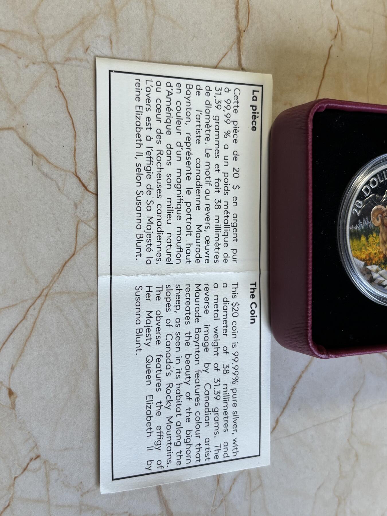 第192期拍卖 加拿大2015年标志性动物系列大角羊1盎司彩色银币，9999银，发行6500枚