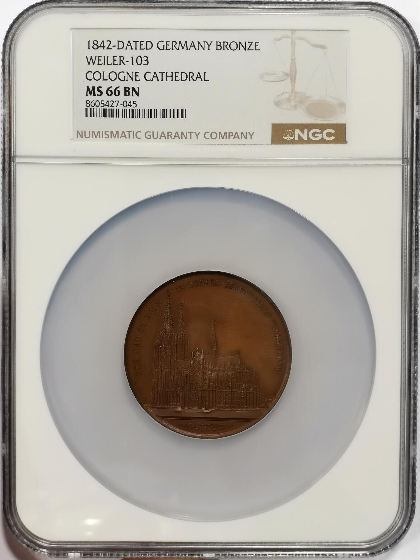 博洋堂世界钱币拍卖第163期（全场包邮） NGC MS66BN 德国1842年科隆大教堂纪念大铜章，1842年是其建设史上的一个重要节点：普鲁士国王腓特烈·威廉四世于1842年下令重启大教堂的建设，并投入大量资金与资源，最终于1880年完工