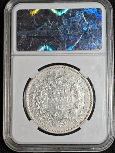 刘世昌艺术品销售中心～虎踞龙蟠*金杨在线联拍群第521期 法国1875年“大力神”5法郎25克银币（评级   AU53   串号：889306359-009）1枚。