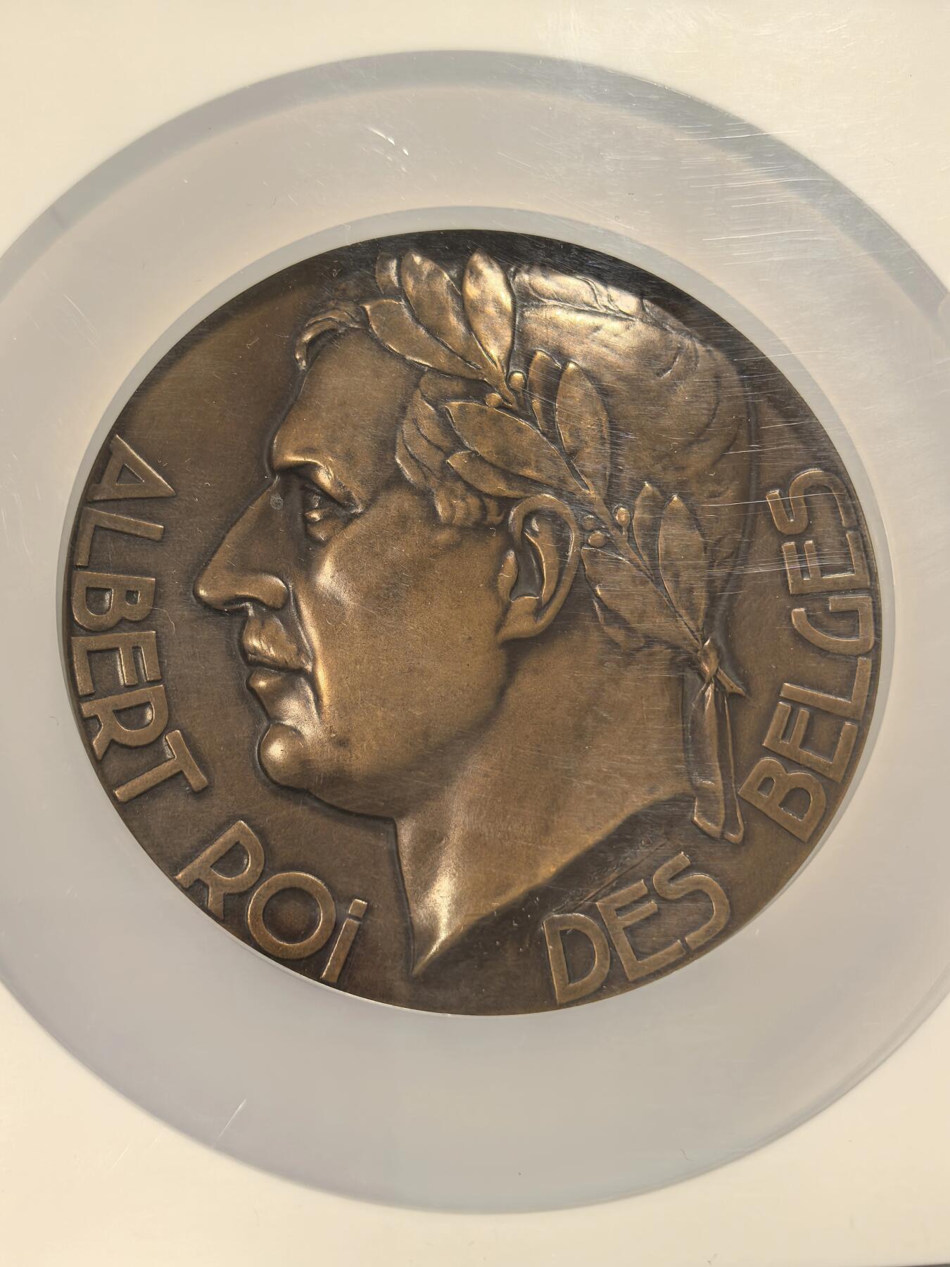 博洋堂世界钱币拍卖第163期（全场包邮） NGC MS64BN 比利时1934年阿尔伯特一世逝世纪念大铜章