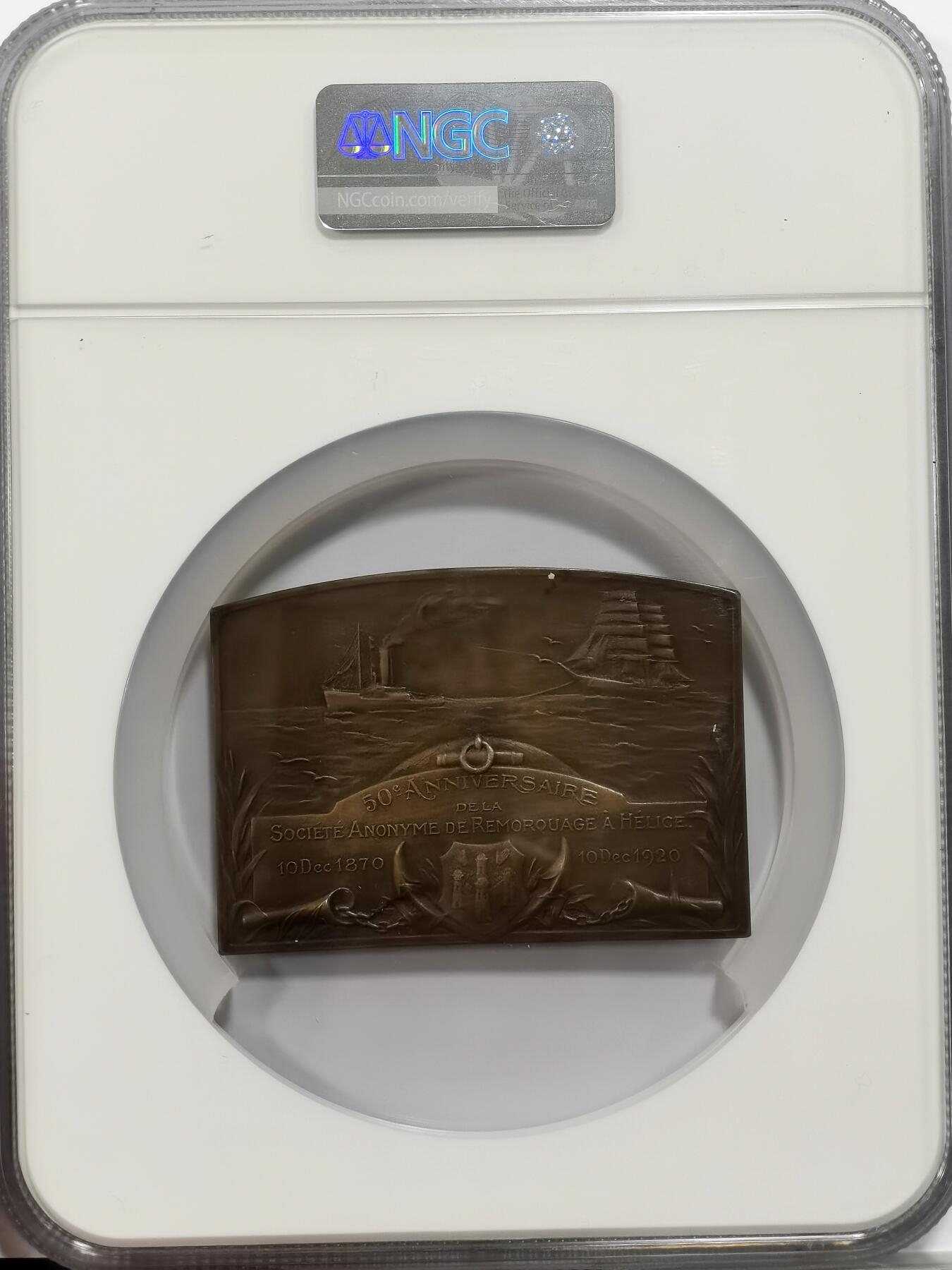 博洋堂世界钱币拍卖第163期（全场包邮） NGC MS63BN 比利时1920年Helice拖船公司成立50周年纪念大铜章