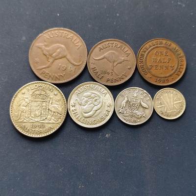 【全场包邮】纯粹捡漏拍508场 - 澳大利亚1939-1943年乔治六世4银3铜7枚套币【11.31克+5.65克+2.83克+1.41克=21.2克92.5%】