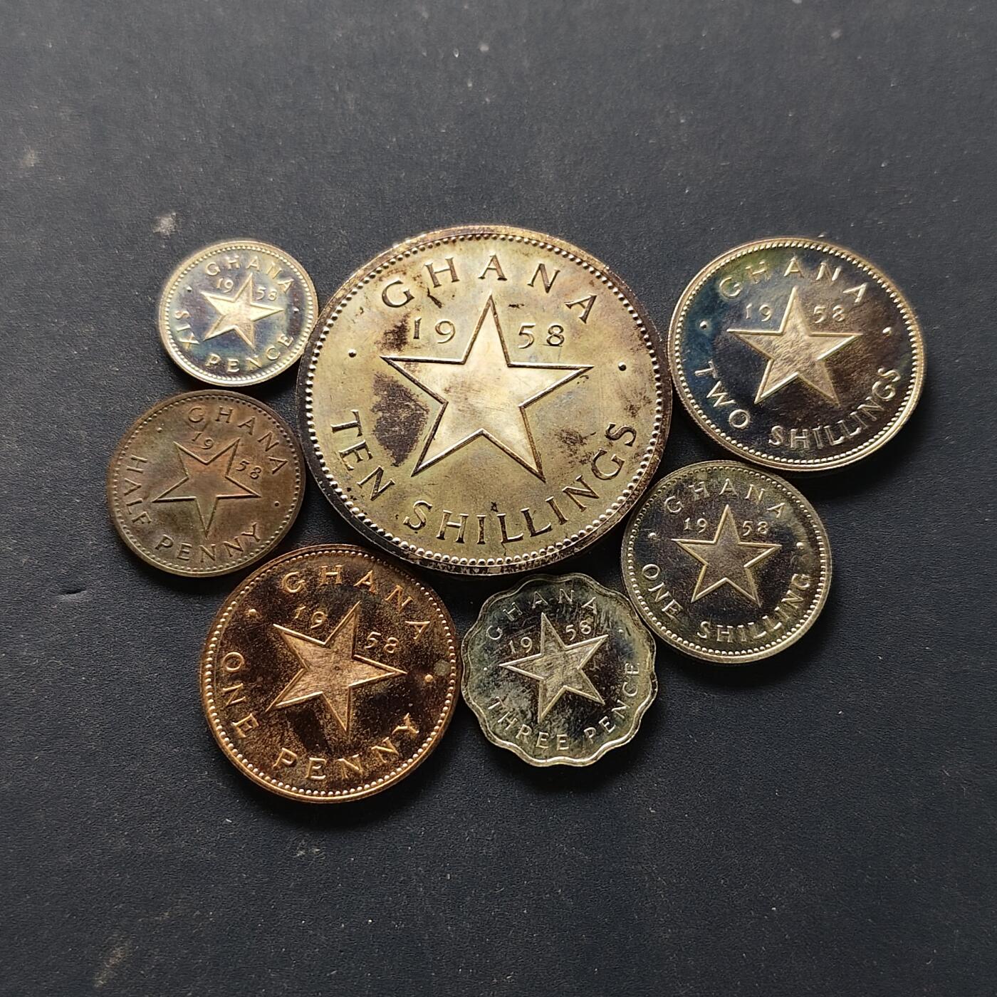 【全场包邮】纯粹捡漏拍509场 【少见】加纳1958年官方盒装精制套币-含10先令克朗型精制币-量6431