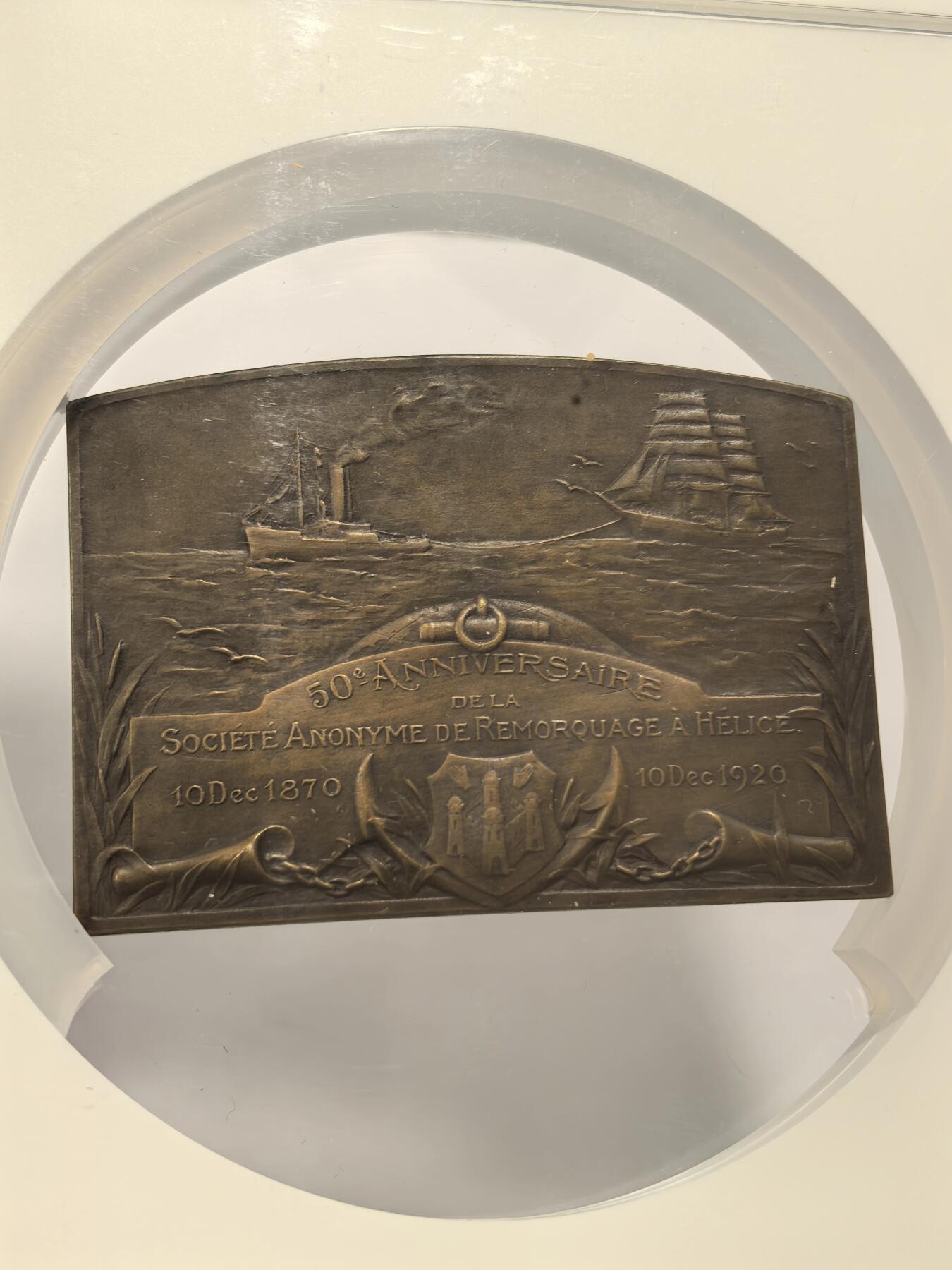 博洋堂世界钱币拍卖第163期（全场包邮） NGC MS63BN 比利时1920年Helice拖船公司成立50周年纪念大铜章