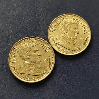 【全场包邮】纯粹捡漏拍508场 - 阿根廷1977年G.布朗海军上将诞生200周年纪念币2枚全套