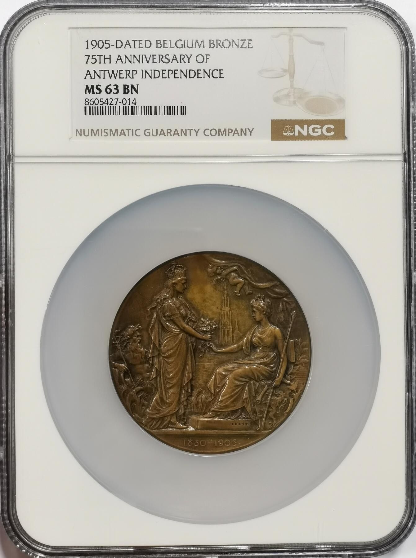 博洋堂世界钱币拍卖第163期（全场包邮） NGC MS63BN 比利时1905年安特卫普独立75周年纪念大铜章