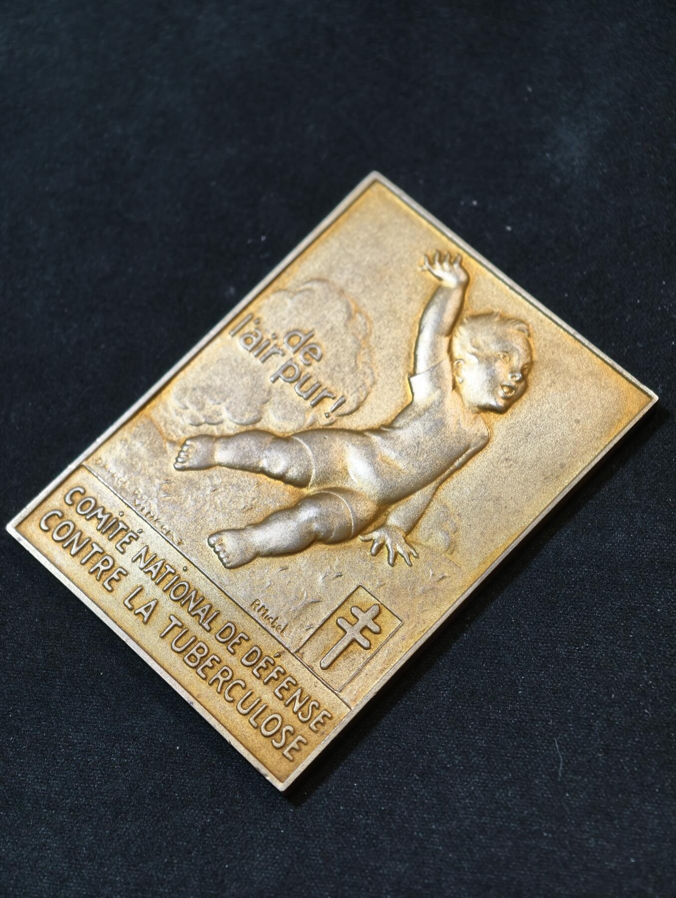 甄臻铺-世界币章拍卖（第53期），甄品场拍品征集中，送拍享返佣金等优惠多多 1930年法国国家肺结核防治委员会颁发的鎏金银章，重82.8克，尺寸68.8毫米 x 50.8毫米，野猪头菱形ARGENT边铭
