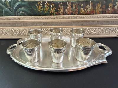 海外回流精品专场（五） - 法国回流老包银酒具一套（盘尺寸：24cmX13.7cm，酒杯：4cmX3.4cm）