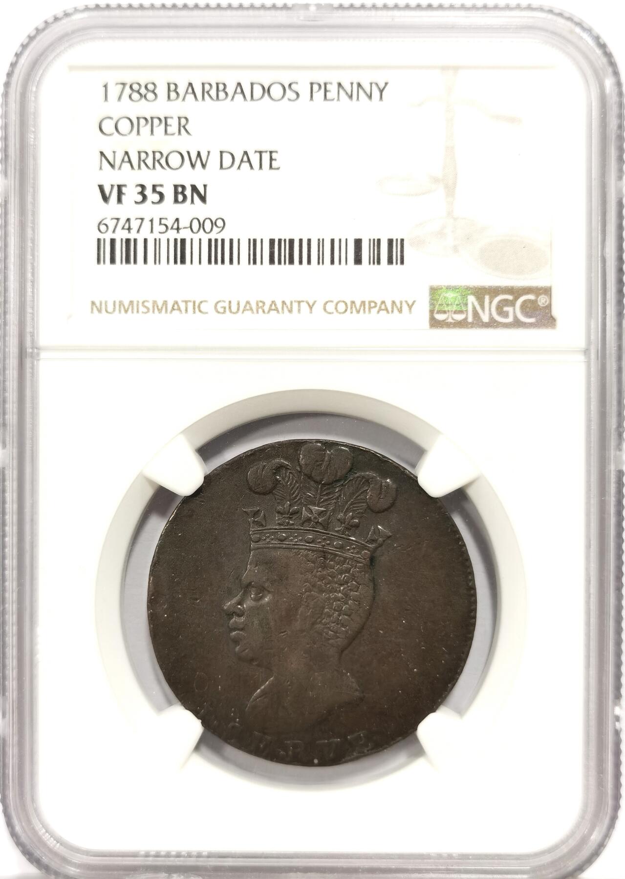 博洋堂世界钱币拍卖第163期（全场包邮） NGC VF35BN 巴巴多斯1788年菠萝一便士铜币，下方很小裂