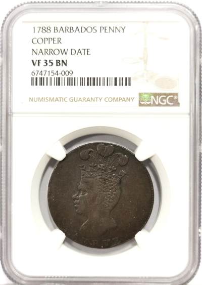 博洋堂世界钱币拍卖第163期（全场包邮） - NGC VF35BN 巴巴多斯1788年菠萝一便士铜币，下方很小裂