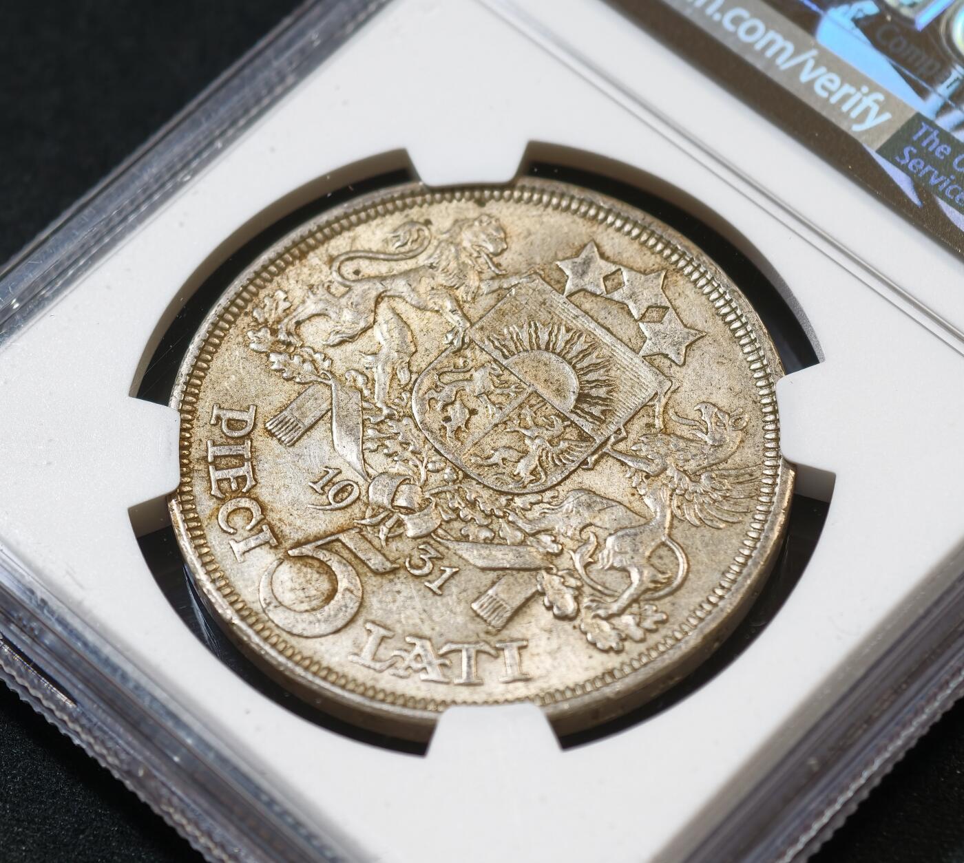 甄臻铺-世界币章拍卖（第53期），甄品场拍品征集中，送拍享返佣金等优惠多多 NGC-AU58 1931年拉脱维亚5L，包浆自然