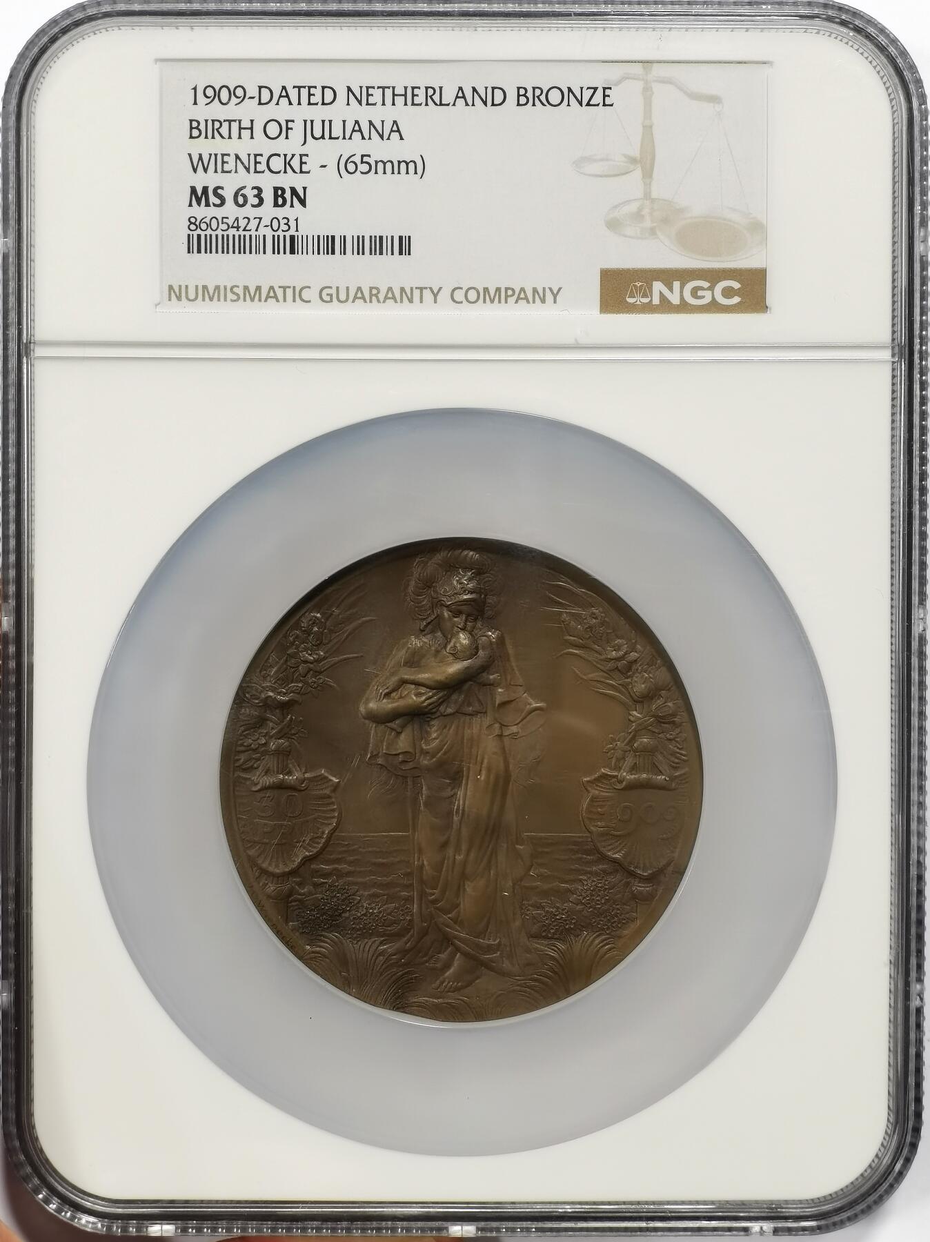 博洋堂世界钱币拍卖第163期（全场包邮） NGC MS63BN 荷兰1909年朱莉安娜女王诞生纪念大铜章，典型新艺术风格