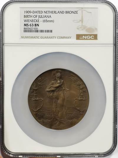 博洋堂世界钱币拍卖第163期（全场包邮） - NGC MS63BN 荷兰1909年朱莉安娜女王诞生纪念大铜章，典型新艺术风格