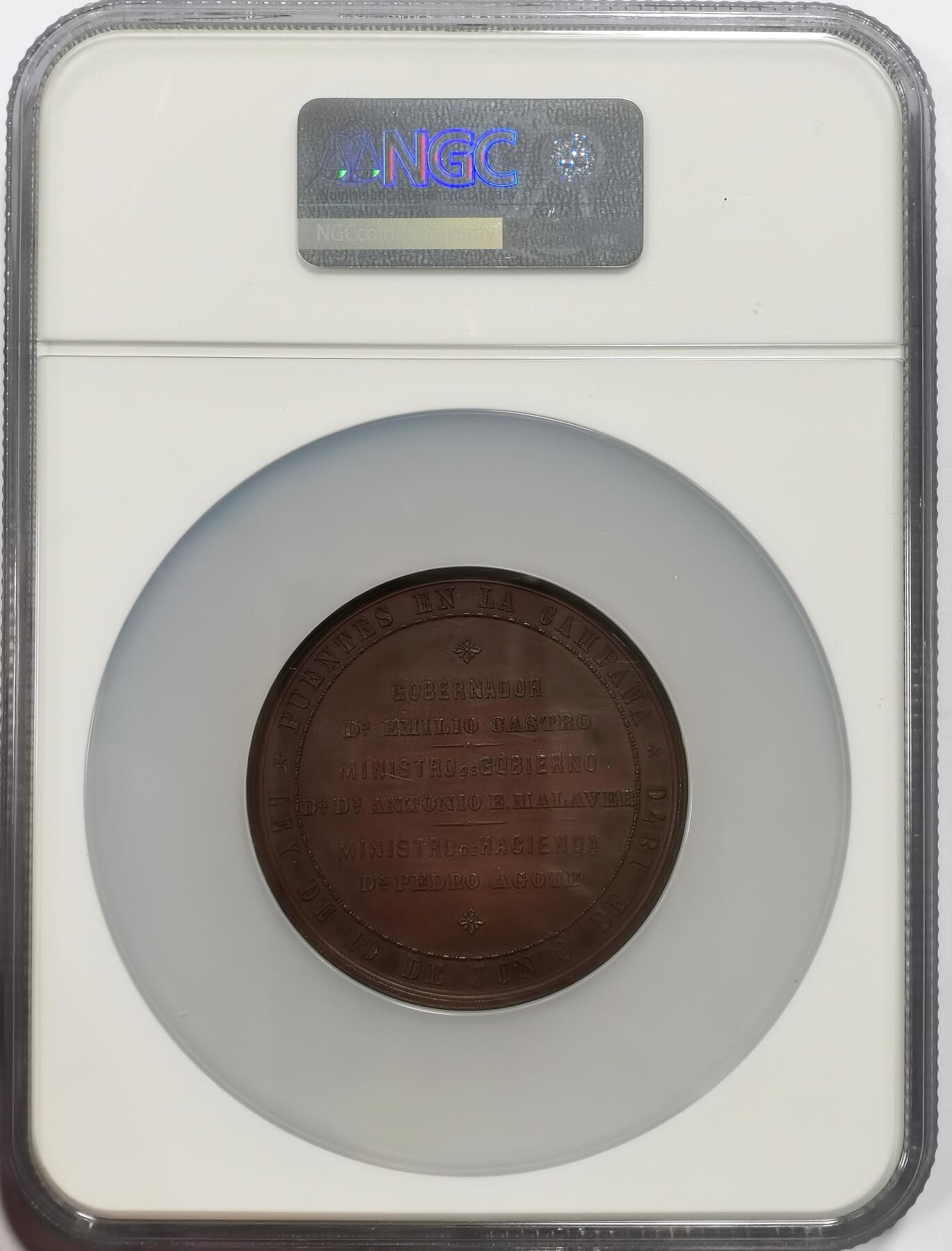 博洋堂世界钱币拍卖第163期（全场包邮） NGC MS62BN 阿根廷1870年战役中的桥梁纪念大铜章，1870年正值阿根廷内战期间