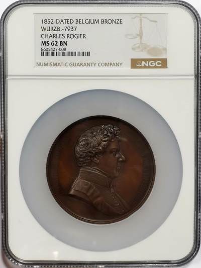博洋堂世界钱币拍卖第163期（全场包邮） - NGC MS62BN 比利时1852年查尔斯·罗吉尔纪念大铜章，查尔斯·罗吉尔（Charles Rogier）是比利时19世纪的重要政治家，曾两度担任比利时首相