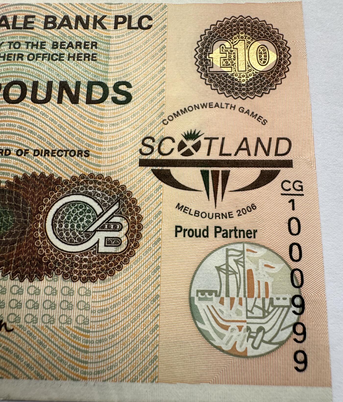 2026第4场（总第231期）：精品测试钞、外钞综合场  双豹子号000999 苏格兰克莱斯戴尔银行“第18届英联邦运动会在墨尔本召开”10镑纪念钞AUNC（有浅压痕）