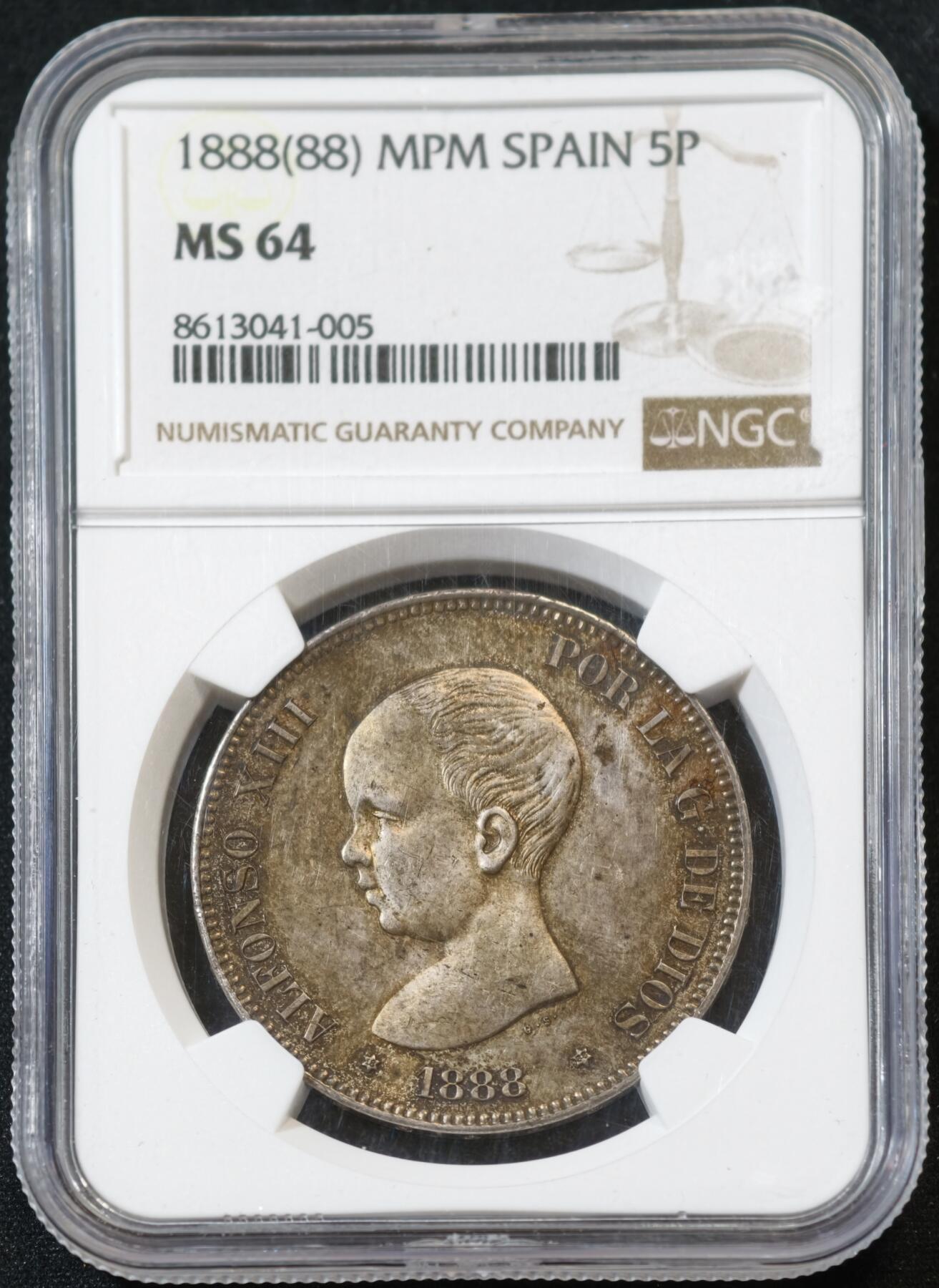 甄臻铺-世界币章拍卖（第53期），甄品场拍品征集中，送拍享返佣金等优惠多多 NGC-MS64 1888年西班牙阿方索十三世婴儿头5比塞塔银币， 该品种64分不易，值得入藏的品相