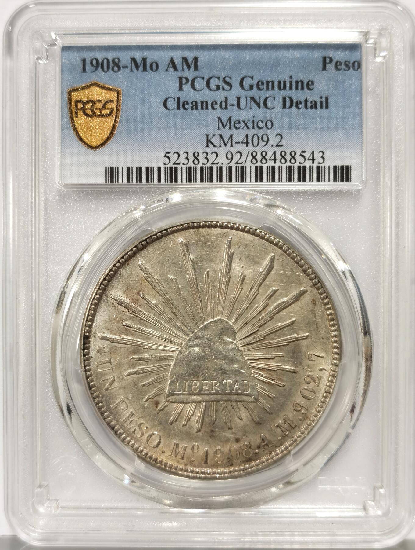 博洋堂世界钱币拍卖第163期（全场包邮） PCGS UNC92 原光墨西哥1908年Mo AM厂直边鹰洋