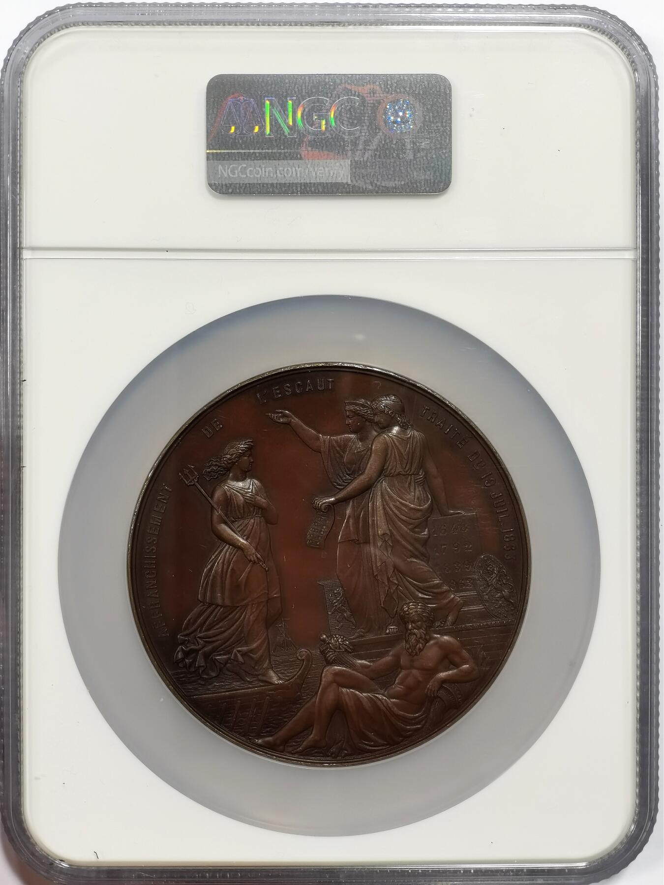 博洋堂世界钱币拍卖第163期（全场包邮） NGC MS62BN 比利时1863年埃斯科河的解放纪念大铜章，1863年比利时通过条约从荷兰收回了安特卫普港的主权，实现了埃斯科河的自由通航，“解放”了这一战略要地