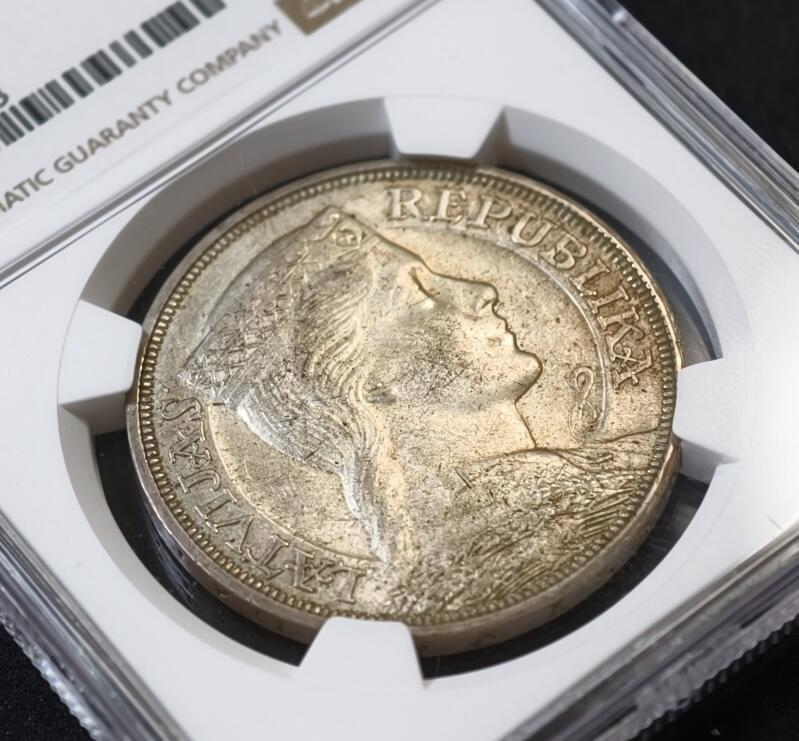 甄臻铺-世界币章拍卖（第53期），甄品场拍品征集中，送拍享返佣金等优惠多多 NGC-AU58 1931年拉脱维亚5L，包浆自然