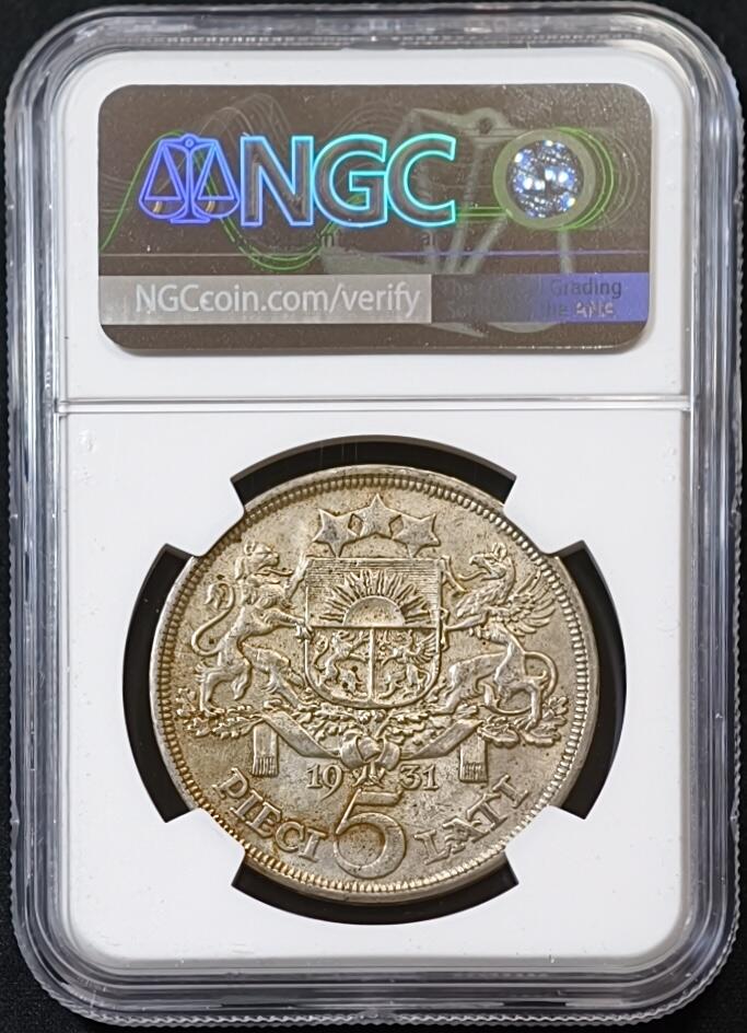 甄臻铺-世界币章拍卖（第53期），甄品场拍品征集中，送拍享返佣金等优惠多多 NGC-AU58 1931年拉脱维亚5L，包浆自然