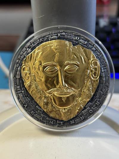 第192期拍卖 - 喀麦隆2021年阿伽门农黄金面具3盎司镀金纪念银币，999银镀金，发行500枚