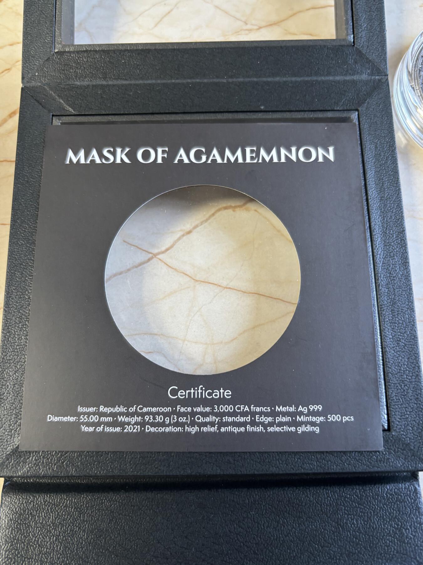 第192期拍卖 喀麦隆2021年阿伽门农黄金面具3盎司镀金纪念银币，999银镀金，发行500枚