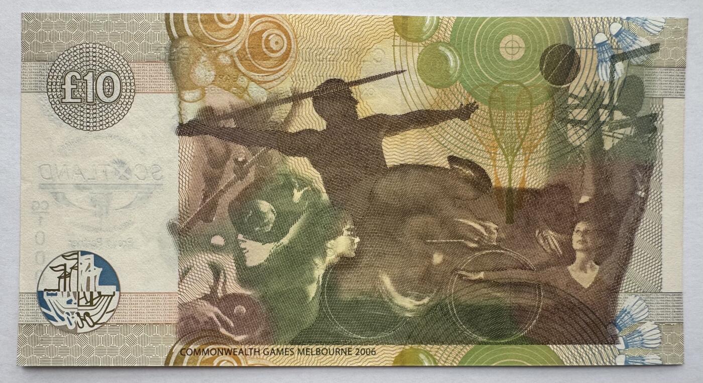 2026第4场（总第231期）：精品测试钞、外钞综合场  双豹子号000999 苏格兰克莱斯戴尔银行“第18届英联邦运动会在墨尔本召开”10镑纪念钞AUNC（有浅压痕）
