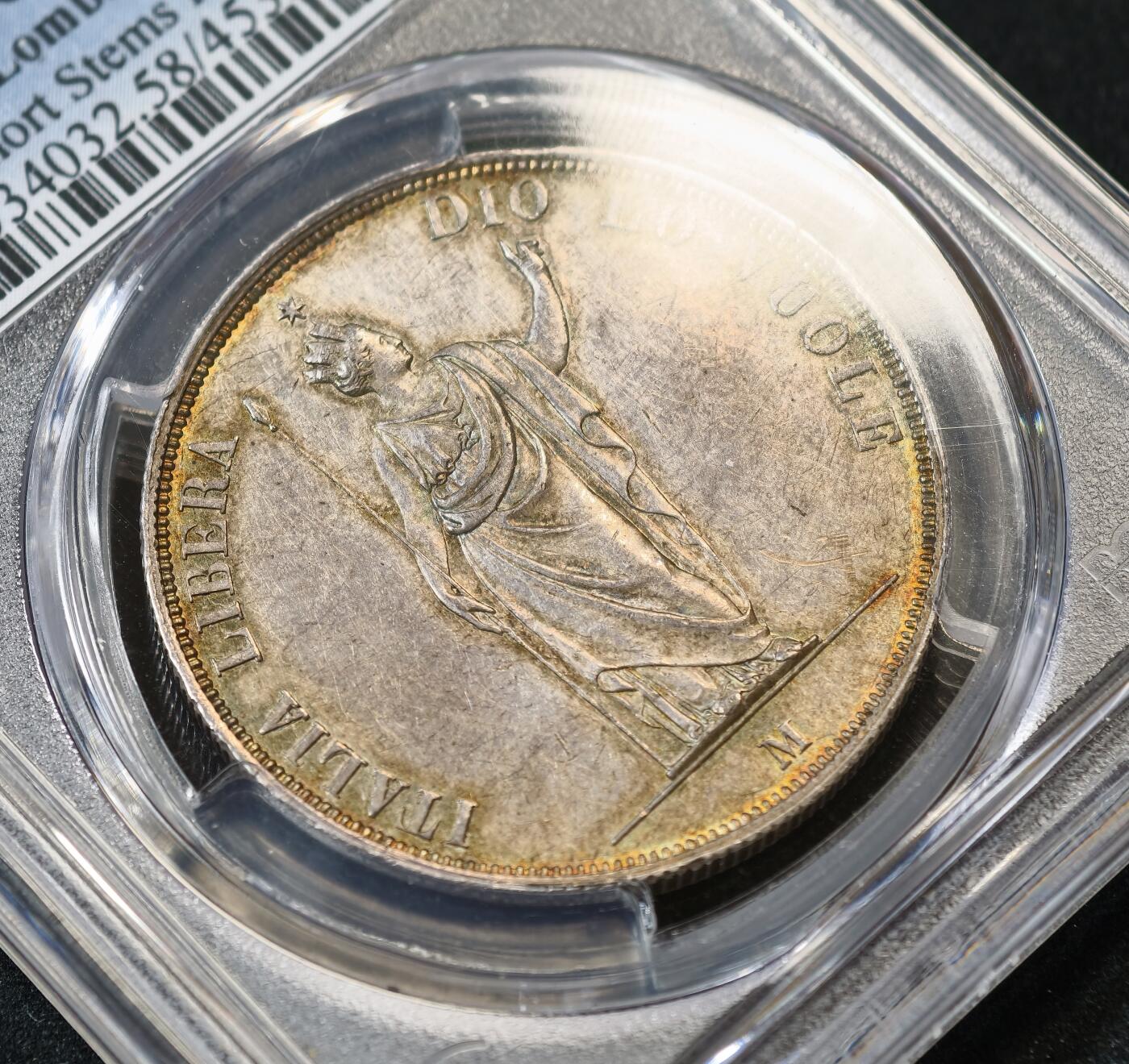 甄臻铺-世界币章拍卖（第53期），甄品场拍品征集中，送拍享返佣金等优惠多多 PCGS-AU58 1848年意大利伦巴第革命政府5里拉大银，正反面淡金色包浆，格外养眼