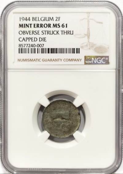 博洋堂世界钱币拍卖第163期（全场包邮） - NGC Mint Error MS61 比利时1944年2法郎，少见铸造错版：正面模具盖帽复打