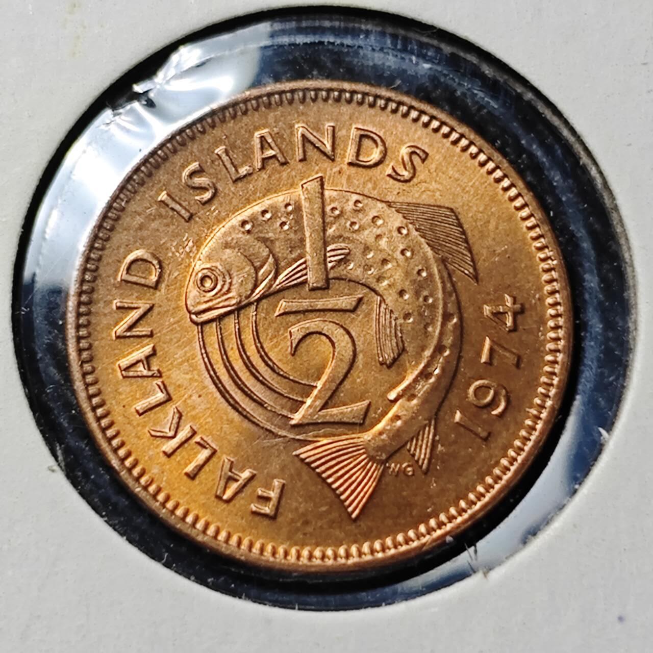 KK钱币收藏小铺   套币 批量/好品散币专场 2月预留时间 周末发货  1974福克兰群岛1/2便士铜币 好品