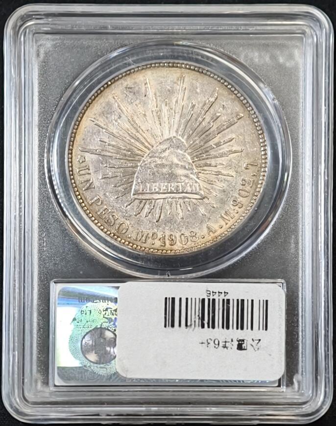 甄臻铺-世界币章拍卖（第53期），甄品场拍品征集中，送拍享返佣金等优惠多多 公博-MS63+ 墨西哥鹰洋银币，1908年MO  AM版，公博评级MS63+,重27克，细节清晰，品相不错，适合收藏