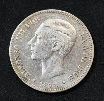 甄臻铺-世界币章拍卖（第53期），甄品场拍品征集中，送拍享返佣金等优惠多多 - 1878年 西班牙 双柱阿方索十二世青年版 5比塞塔 25g 含银量90%，细节见图