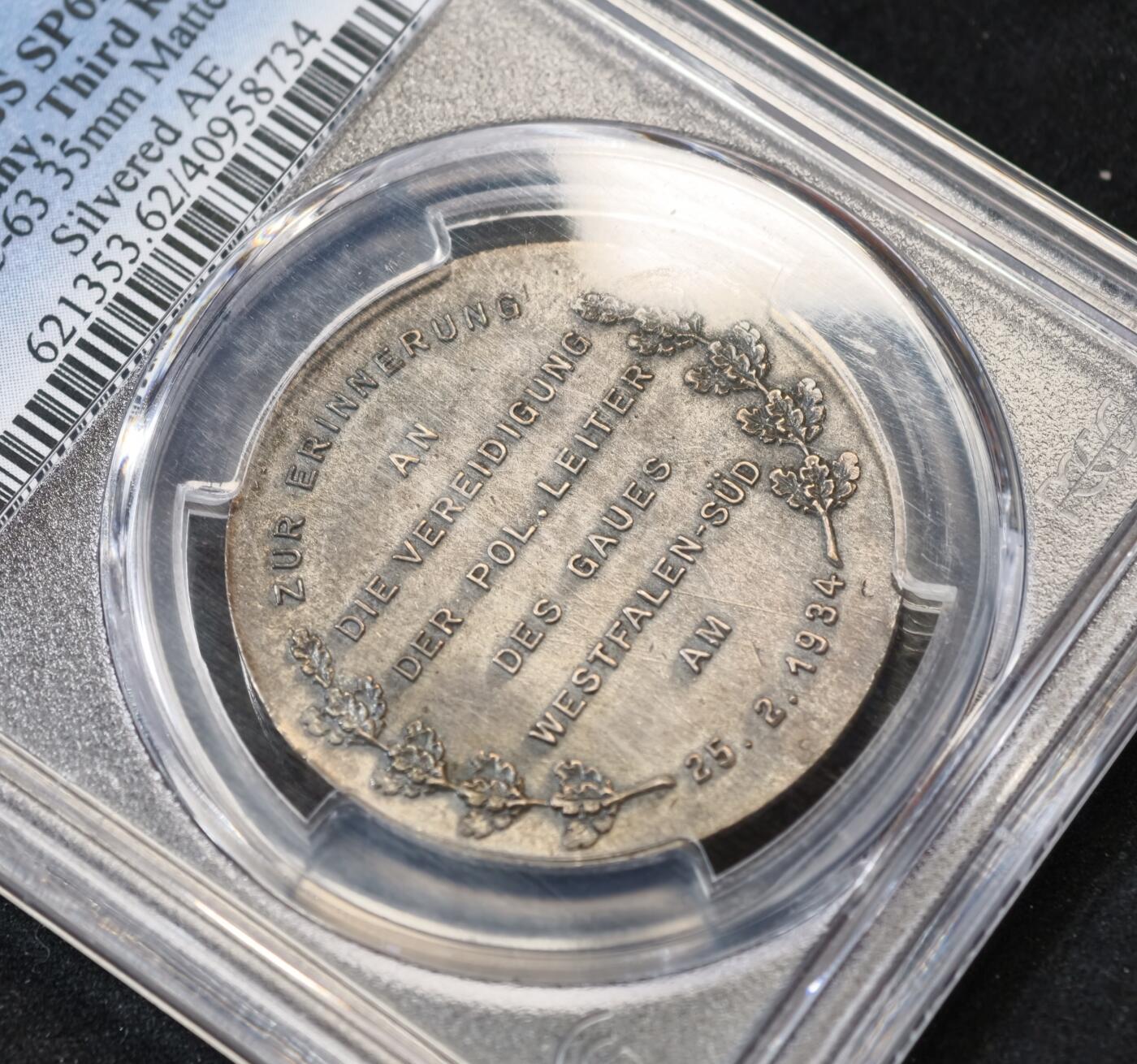 甄臻铺-世界币章拍卖（第53期），甄品场拍品征集中，送拍享返佣金等优惠多多 PCGS-SP62 1934年德意志第三帝国元首题词“牢不可破的忠诚”镀银纪念样章，镀银样章，非常稀少