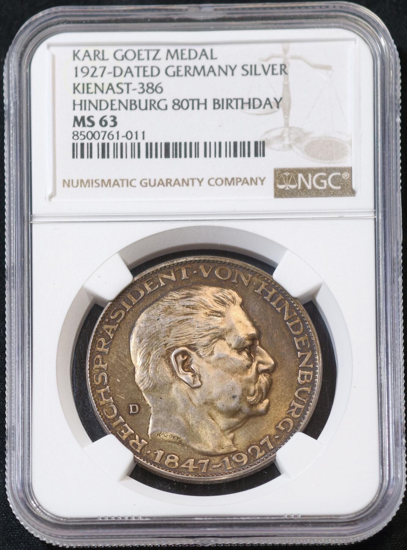 甄臻铺-世界币章拍卖（第53期），甄品场拍品征集中，送拍享返佣金等优惠多多 NGC-MS63  德国兴登堡80大寿五马克大银章，黄油包浆，未流通品相，压力足，D厂
