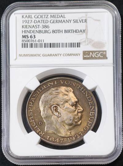 甄臻铺-世界币章拍卖（第53期），甄品场拍品征集中，送拍享返佣金等优惠多多 - NGC-MS63  德国兴登堡80大寿五马克大银章，黄油包浆，未流通品相，压力足，D厂