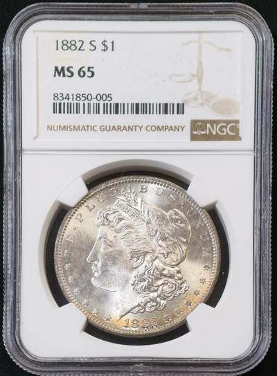 甄臻铺-世界币章拍卖（第53期），甄品场拍品征集中，送拍享返佣金等优惠多多 - NGC-MS65 1882年S版美国摩根银币，丝绸五彩，绸缎银光，实物上手美轮美奂