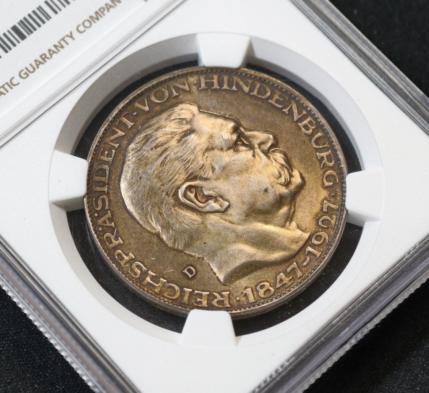 甄臻铺-世界币章拍卖（第53期），甄品场拍品征集中，送拍享返佣金等优惠多多 NGC-MS63  德国兴登堡80大寿五马克大银章，黄油包浆，未流通品相，压力足，D厂