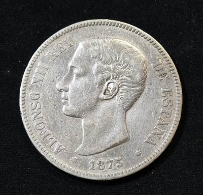 甄臻铺-世界币章拍卖（第53期），甄品场拍品征集中，送拍享返佣金等优惠多多 - 1875年 西班牙 双柱阿方索十二世青年版 5比塞塔 24.65g 含银量90%，细节见图
