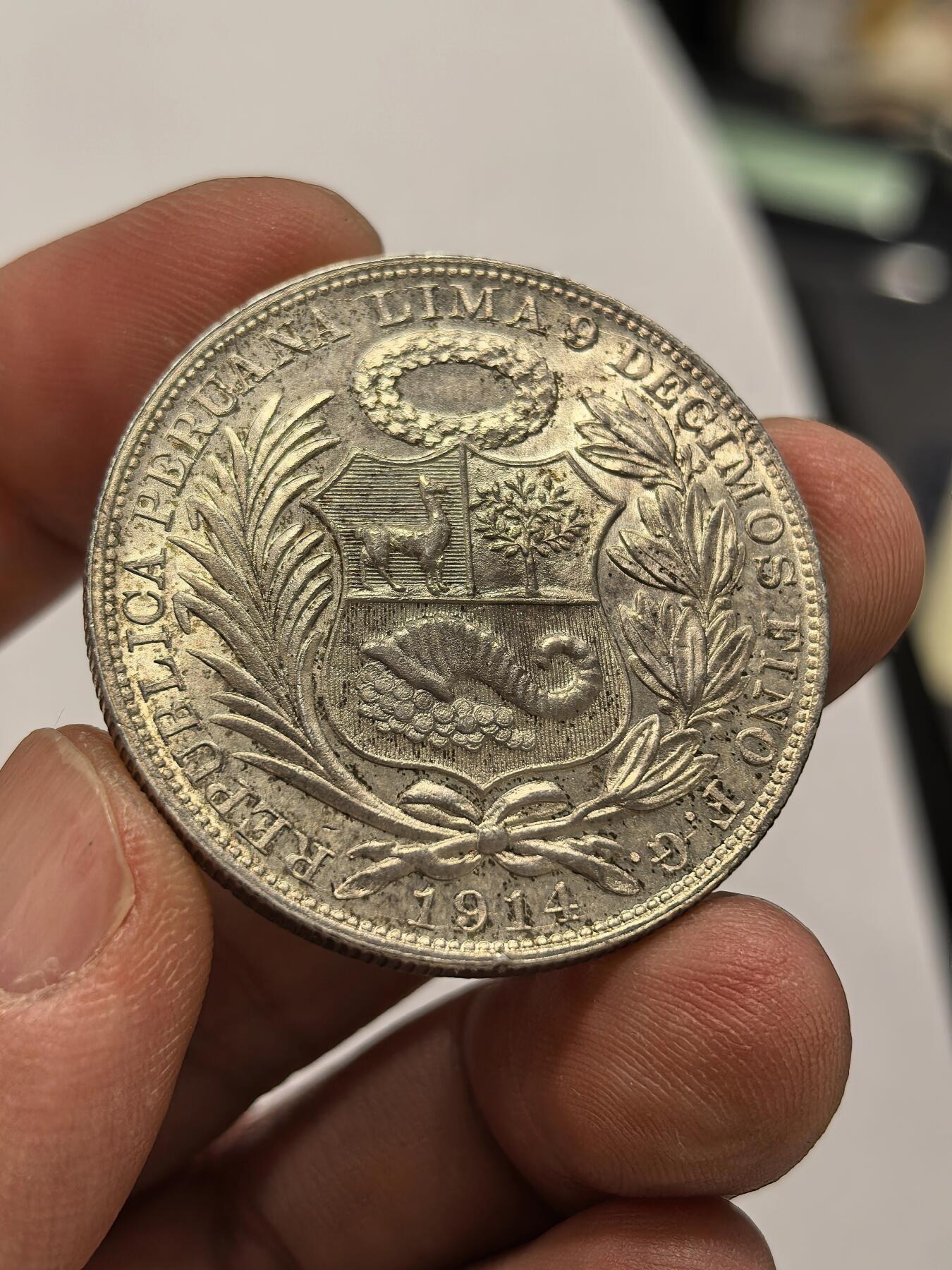 博洋堂世界钱币拍卖第163期（全场包邮） 秘鲁1914年坐人1索尔银币