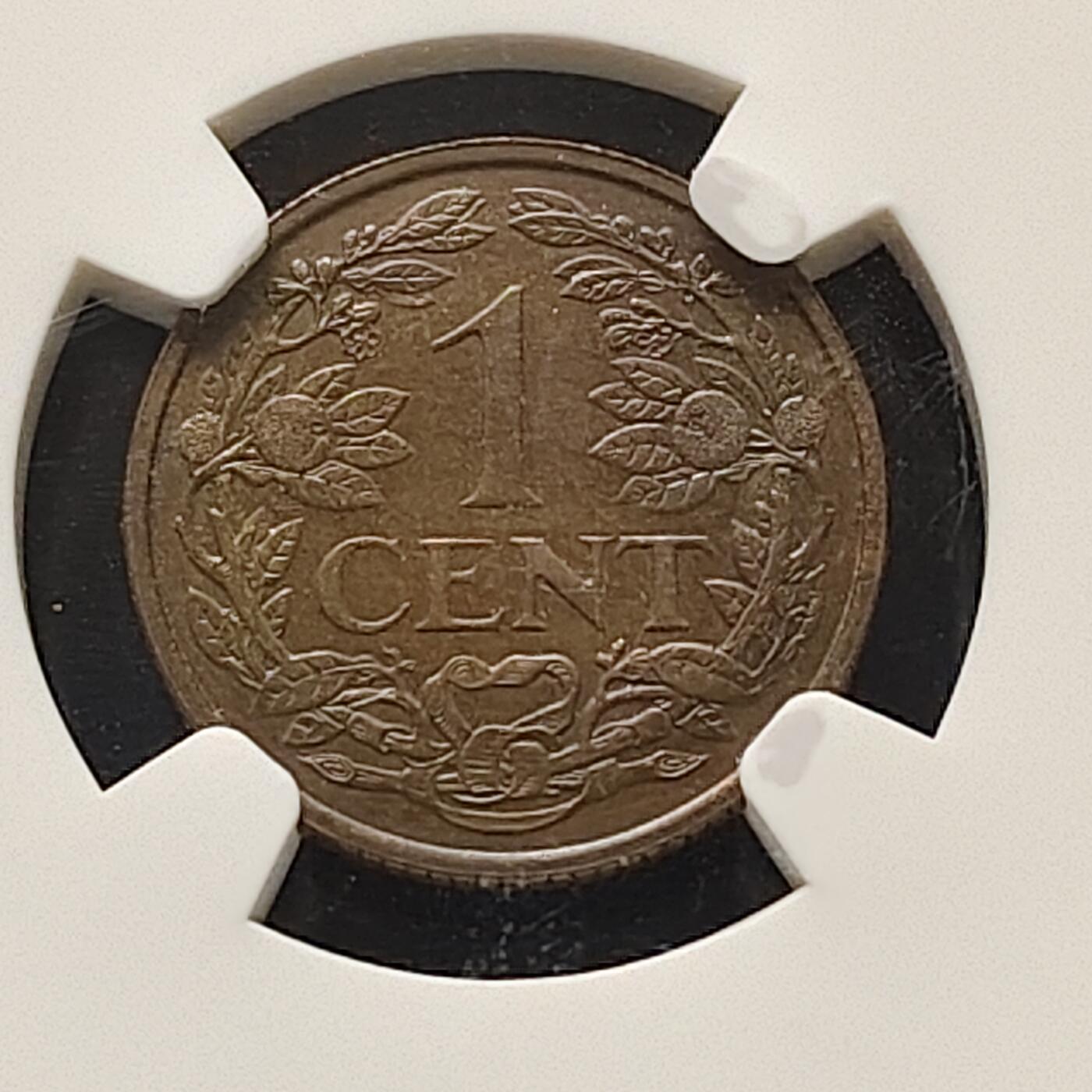 【全场包邮】纯粹捡漏拍509场 【收藏级·专用发行】荷属苏里南1957年1分铜币（乌德勒支造币厂1957-60年铸造荷兰狮徽1分专用于荷属苏里南地区，克书编号KM10a）-NGC MS62 RB（更高分仅5枚）