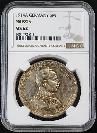 甄臻铺-世界币章拍卖（第53期），甄品场拍品征集中，送拍享返佣金等优惠多多 - NGC-MS62 德国普鲁士1914年威廉二世军装5马克银币 双面黄油彩